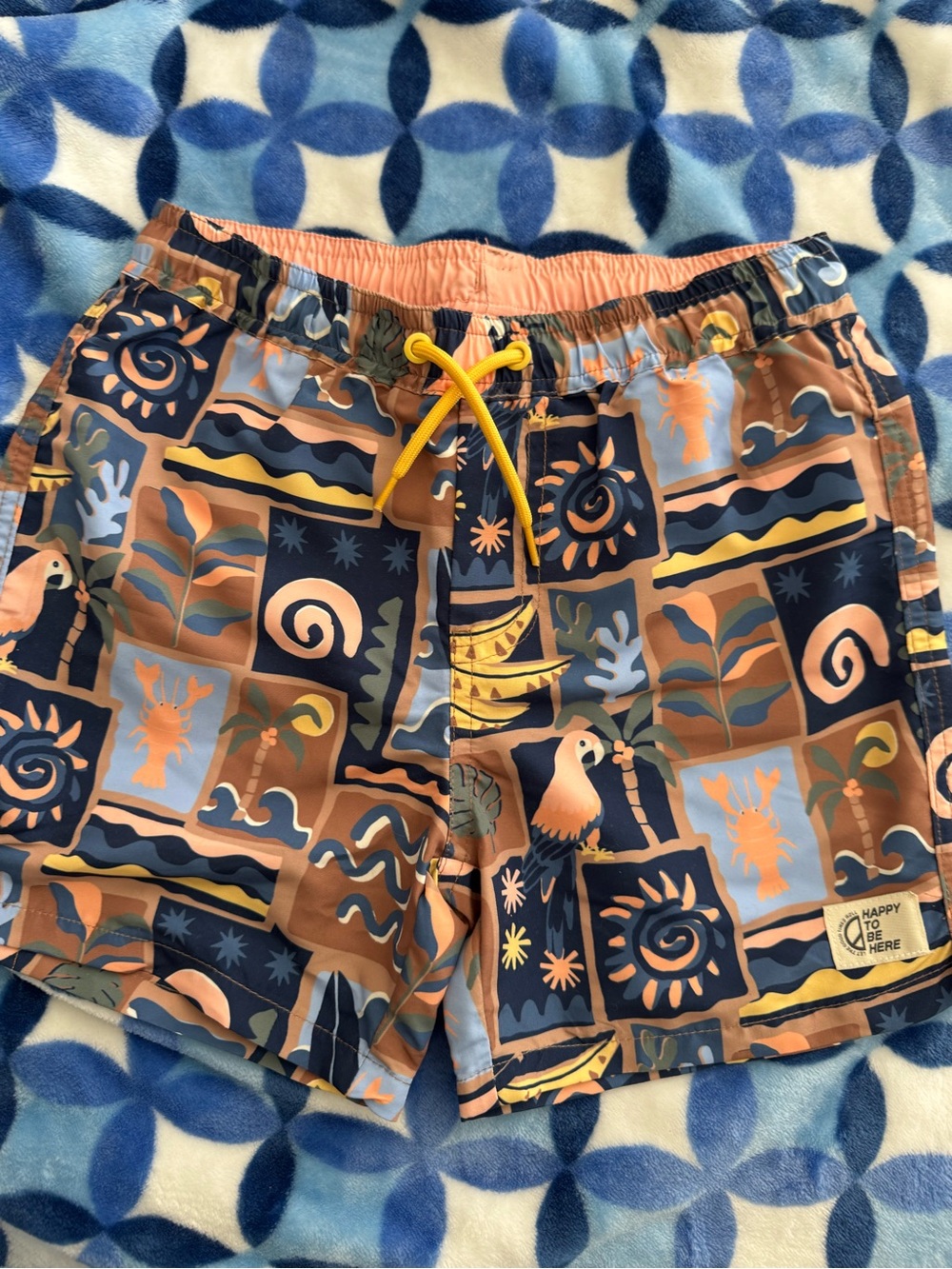 Kids Tropical Print Swim Shorts with Drawstring - Blue & Brown